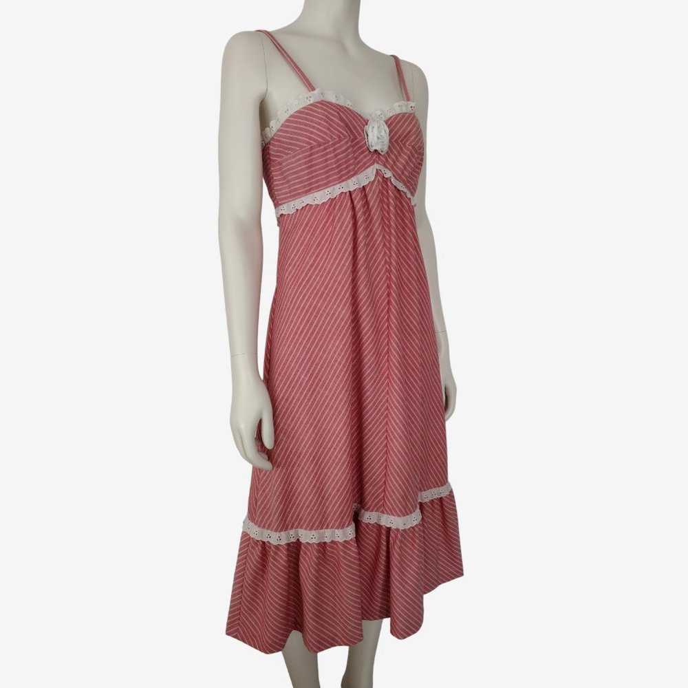 Vintage 1970s Jody T Pink Striped Empire Waist Ruffled Hem Midi Dress - Picture 4 of 11